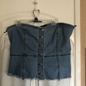 Denim strapless button crop top